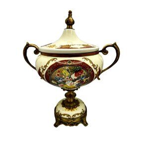 Vintage Ornate Porcelain & Brass Lidded Urn With Floral Motif & Dual Handles